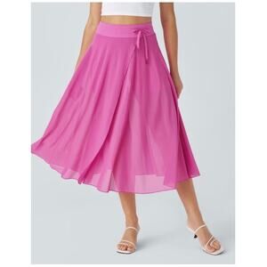 Halara High Waisted Drawstring Mesh 2 in 1 Pocket Flow Midi Flare Casual Skirt L